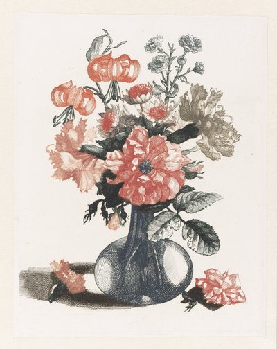 Fem tryck av blommor i glasvaser Glasvas med blommor, bredvid en blomma till vänster och höger av Anonymous