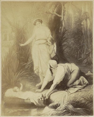 Fotoreproduktion av (förmodligen) ett tryck med Moses i en korg av Anonymous