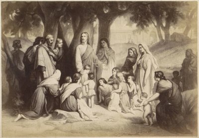 Fotoreproduktion av (förmodligen) ett tryck av Jesus med barn (Låt barnen komma till mig) av Anonymous