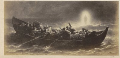 Fotoreproduktion av (förmodligen) ett tryck av apostlar som ser Kristus gå på vattnet av Anonymous
