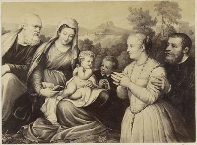 Fotoreproduktion av (förmodligen) ett tryck av den heliga familjen och grundarna av Anonymous