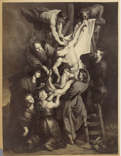 Fotoreproduktion av ett tryck efter målningen Descent from the Cross av Peter Paul Rubens av Anonymous
