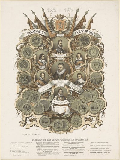 Jubileums- och festplakett med porträtt av Vilhelm I, Prins av Orange, hans söner Maurits och Frederik Hendrik, Prinsar av Orange, hans bröder Lodewijk, Adolf och Hendrik, grevar av Nassau, och Willem Bloys van Treslong av Anonymous