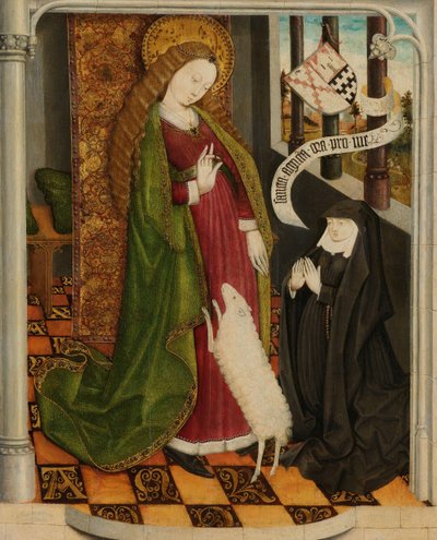 Geertruy Haeck knäböjer i bön inför Saint Agnes Geertruy Haeck-van Slingelandt van der Tempel knäböjer i bön inför den heliga Agnes av Anonymous