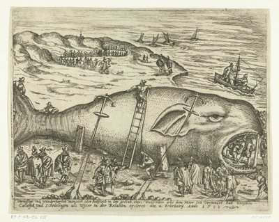 Strandade Walvis nära Berckhey, 1598 Warhafttigh And Wonderful Monster eller Pottfisch i form av en val, från vilken Möer hade slammat upp mellan Catwyck och Schevelingen som Wyter i relationen ercleret den 4 februari Anno 1598 (tit) av Anonymous