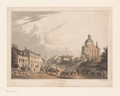 Utsikt över Waterloo där franska trupper flyttar en kanon Waterloo. Förmedling av den franska kanonen från stridsfältet, den 24 juli 1815 (titel på objekt) av Anonymous