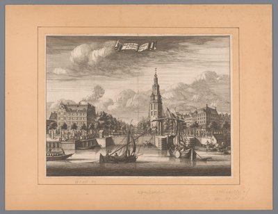 Utsikt över Montelbaanstoren i Amsterdam Montelbaanstoren och Water Keer (titel på objekt) av Anonymous