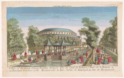 Utsikt över Rotundan och den kinesiska paviljongen på kanalen i Londons Ranelagh Gardens med en maskeradbal En vy av den kinesiska kanalbyggnaden, Rotunde i Ranelagh, trädgårdar, med maskerad. &c (titel på objekt) av Anonymous