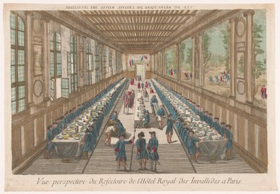 Utsikt över matsalen på Hôtel des Invalides i Paris med en grupp som äter Vue perspective du refectoire de l