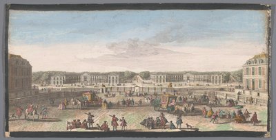Utsikt över stallet i slottet i Versailles Vue des ecuries de Versailles pris de la andra galler (titel på objekt) av Anonymous