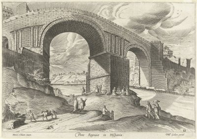Vy över en bro från staden Segovia Pons Segouiae i Hispania (titel på objekt) Ruinarum varii prospekt (serietitel) av Anonymous