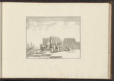 Vy över ett palats och statyer vid vattnet i Genua Le Palais orné de Statues, au bord dela Mer à Gennes (titel på objekt) Palats och monument i Venedig, Livorno, Neapel och Rom (serietitel) av Anonymous