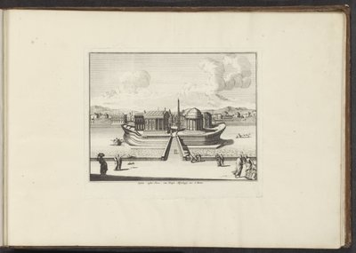 Utsikt över Tiberön i Rom Insula instar Navis, cum Templo Aesculapij. etc: à Rom (titel på objekt) Palats och monument i Venedig, Livorno, Neapel och Rom (serietitel) av Anonymous