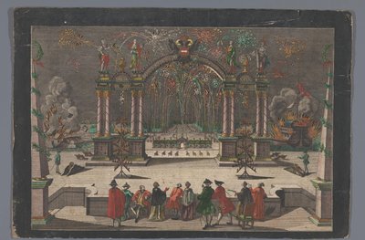 Utsikt över fyrverkerier och en triumfbåge med en dubbelhövdad örn och namnet på Josef II, tysk kejsare av Anonymous