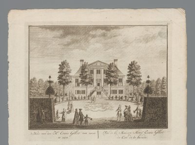 Utsikt över lantgården Esaie Gillot Huset av Mr. Esaie Gillot sedd framifrån / Vüe de la Maison Monsr. Esaie Gillot du Coté de la fasad (titel på objekt) Inifrån vy till kabinettet av Hr. Esaie Gillot / Vüe de la Maison de M av Anonymous