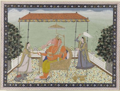 Guden Ganesha (Ganapati) med elefantsnabel med sina två tjänarinnor Siddhi och Buddhi under en balkong av Anonymous