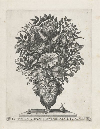 Grotesk vas med tre mascarons Vaser med blommor (serietitel) av Anonymous