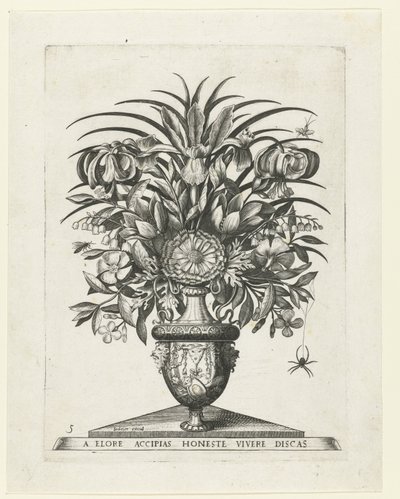 Grotesk vas med två mascarons på vardera sidan av en bukranion Vaser med blommor (serietitel) av Anonymous