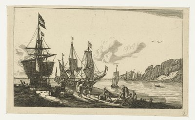 Hamn med segelfartyg och sjömän på kajen av Anonymous