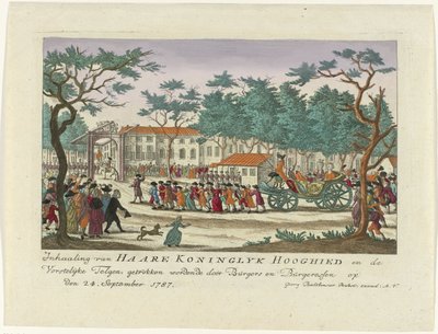 Omkörning av prinsessan av Orange och barnen, 1787 Omkörning av Haare Koninglyk Hooghied och Royal Scions, ritad av Burgers och Burgeressen den 24 september 1787 (titel på objektet) Färgade tyska tryck om evenemanget av Anonymous