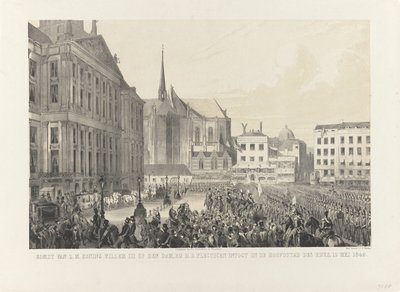 Ankomst av H.M. kung Willem III på dammen, vid H.D. högtidligt inträde i imperiets huvudstad, 12 maj 1849 (titel på objekt) av Anonymous