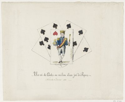 Koning Leopold I als de hartenkoning, 1831-1832 En kortkung i mitten av en spaderlek (titel på objekt) av Anonymous