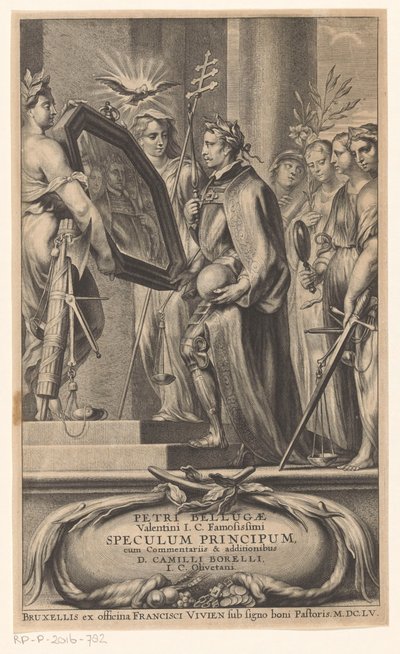 King presenteras för Spiegel av rättvisa och tro Titelsidan för: Petrus Belluga och Camillo Borello, Speculum Princip, 1655 av Anonymous