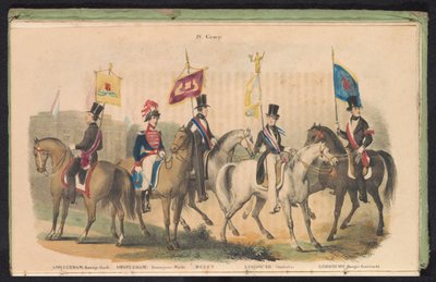 Kostymer och banderoller för hedersvakterna i Amsterdam, Delft och Leiden, 1840-1842 IV. Grupp (titel på objekt) av Anonymous