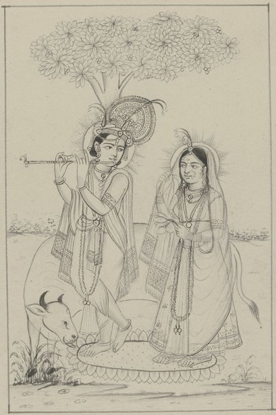 Krishna spelar flöjt och Radha av Anonymous