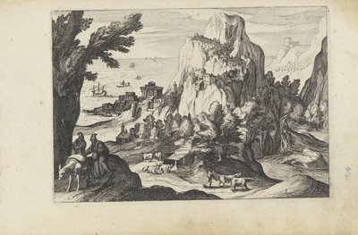 Kustlandskap med ett högt berg Landskap med figurer (serietitel) av Anonymous