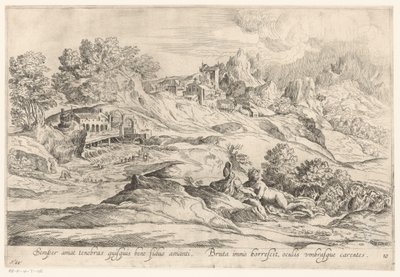 Landschap met minnend paar Den som är trogen sin älskare älskar alltid mörkret, / Den råa ryste fortfarande, hans ögon saknar skuggor (titel på objektet) Landschappen naar Domenico Campagnola (serietitel) av Anonymous