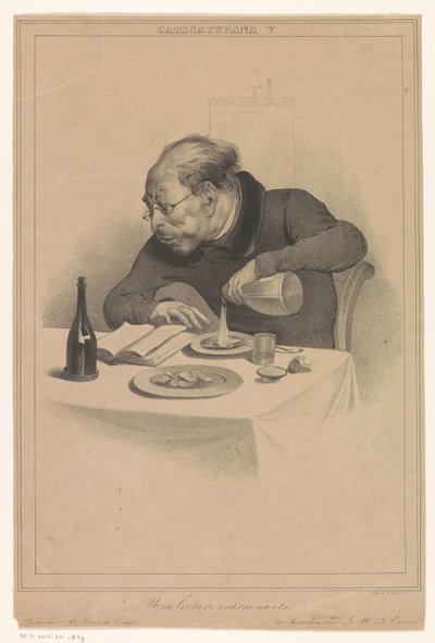 läsande man Une lecture entraînante (titel på objekt) Karikatyrer (av förlagen Pontin och Eigeman) (serietitel) Caricaturana (serietitel på objekt) av Anonymous