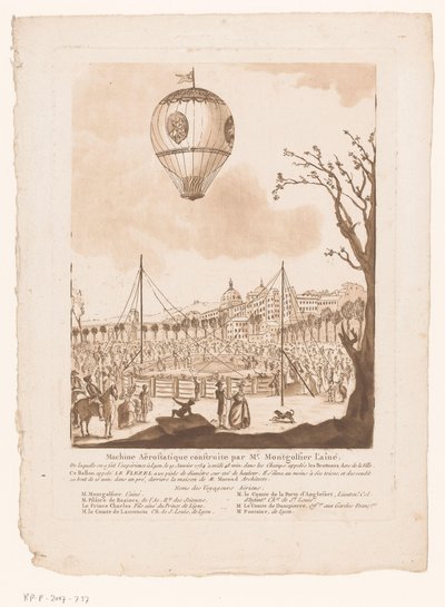 Luchtballon, Le Flezel, van Joseph-Michael Montgolfier den äldre buiten Lyon Aerostatisk maskin byggd av Mr. Montgolfier den äldre (titel på objekt) av Anonymous