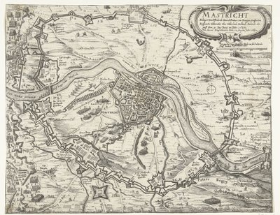 Maastricht ockuperat av Frederik Hendrik, 1632 Maestricht belägrad av Friderich Henrich Printzen von Orangien (...) den 9 juni år 1632. Tagen med Accort den 12 augusti år 1632 (titel på objekt) av Anonymous