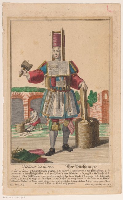 Man i en kostym av bokbinderiverktyg Relieur de livres / Der Buchbinder (titel på objekt) av Anonymous