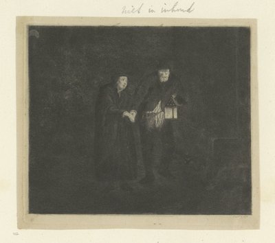 Man med lykta leder en gammal eller blind man genom natten Recueil de quatre-vingt-cinq estampes originales (serietitel) av Anonymous