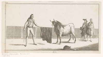 Matador utmanar en tjur Coleccion de las principales suertes de una corrida de toros (serietitel på objekt) Samling av de viktigaste tjurfäktningsmanövrarna (serietitel) av Anonymous