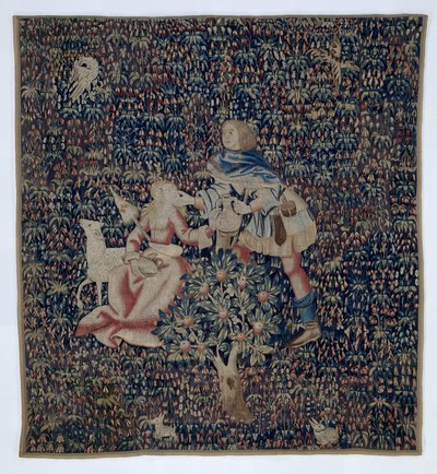 Millefleurs med herde och herdinna (fragment) av Anonymous