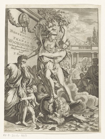 Minerva trampar eldsprängande sjöodjur Ny lågtyska och franska ordbok (titel på objekt) Titelsida för: François Halma, Dictionary of Dutch and French Languages, 1710 av Anonymous