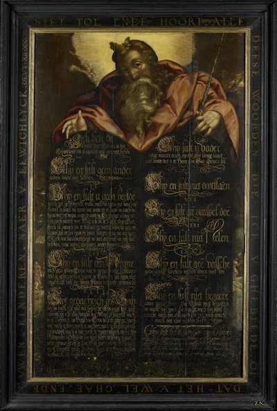 Moses visar lagens tabeller med de tio budorden i kalligrafi av Anonymous