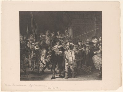 Officerare och andra beväpnade män från distrikt II i Amsterdam ledda av kapten Frans Banninck Cocq och löjtnant Willem van Ruytenburch, känd som "Nattvakten" av Anonymous