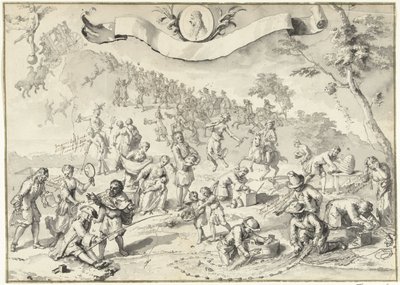 Designritning för trycket Greed försöker ta över Fortuna, 1720 The Great Scene of Folly (serietitel) av Anonymous