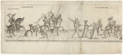 Parad med utklädda karaktärer, inklusive ryttaren Bernhart von Ahren, en åsna med spott, Janus, Bacchus på en åsna och två musiker Die neunde del I och II (titel på objekt) Festlig procession med August, kurfursten av Sachsen, klädd som en bonde ( av Anonymous