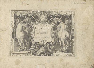 Ornamenteel cartouche met titel geflankeerd genom paarden Hästen, där alla typer av adelsmän: beteendet hos hästar som skiljer sig från olika delar av världen utvalda (...) (serietitel på objekt) av Anonymous