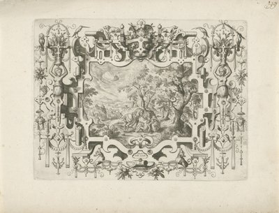 Ornament Ram med scrollwork och figurer, i vilket landskap med den barmhärtige samariten av Anonymous