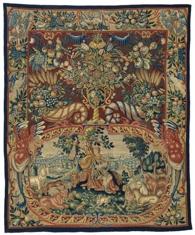 Orpheus med djuren, i en kartusch och en dekor med blomstervas och ymnighetshorn av Anonymous