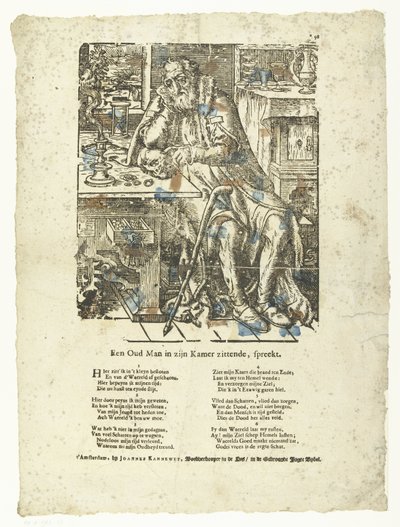 Gammal man i sitt rum (vanitas) En gammal man som sitter i sitt rum talar. (titel på objekt) av Anonymous