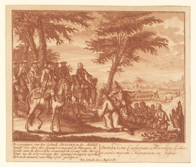 Spanjorernas överlämnande av Sicilien till fransmännen, maj 1720 Överlämnandet av Eyland Sicilien i Medelhavet (...) (titel på objektet) av Anonymous