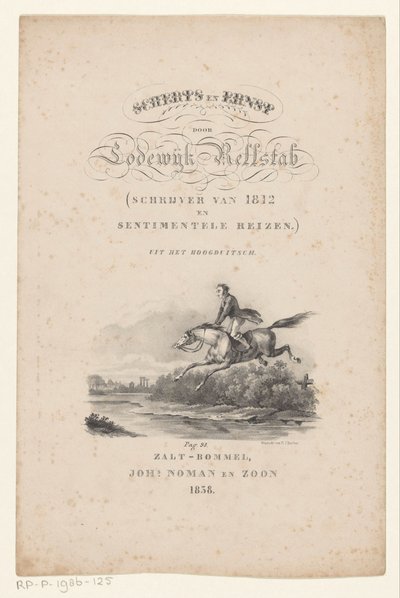 Hästen hoppar över floden Titelsida för: Lodewijk Rellstab, Skämt och allvar, 1838 av Anonymous