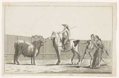 Picador riktar sin lans mot en tjur Coleccion de las principales suertes de una corrida de toros (serietitel på objekt) Samling av de viktigaste manövrarna inom tjurfäktning (serietitel) av Anonymous